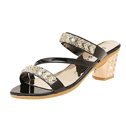 Sandalen Damen Sommer Schwarz Mode-Sommer-Frauen-Sandelholz-Mund-glänzender Strass-Riemen-mittlerer Absatz-reizvoller Stil Damen Sandalen Sommer Mit Absatz von Sunnyuk