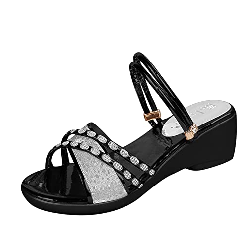 Sandalen Damen Sommer mit Absatz Damenmode Sommer Einfarbig Strass Slip On Römische Sandalen mit Keilabsatz Damenschuhe Weite H Schwarz von Sunnyuk