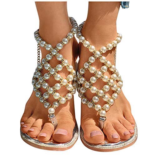 Sandalen Damen Weiss Sommer mit Perle Perle Sandalen Damen Böhmische Flip Flops Sandaletten Badeschuhe Sandalen Plateau Frauen Mädchen Bequem Hausschuhe Rutschfest, Valentinstagsgeschenke FüR von Sunnyuk