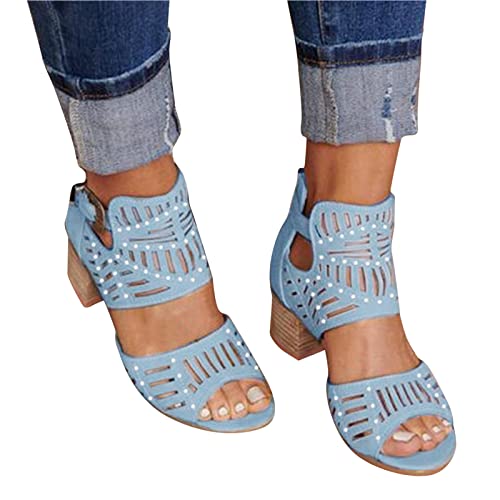 Sandalen Damen mit Absatz Blockabsatz Elegant Sommer Offene Schuhe Peep Toe Schnalle Sandaletten Hollow Out Atmungsaktiv Retro Römische Römersandalen Stiefeletten Reißverschluss Pantoletten von Sunnyuk