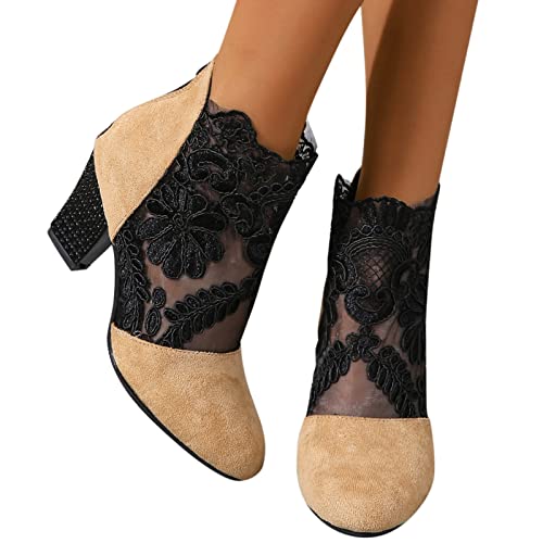 Sandalen Damen mit Absatz Weiß Sandalen Damen Spitze Pumps Schuhe Blockabsatz Stiefeletten Runder Spitze Blumenmuster Mesh Hohle Tüll Strass Sommerstiefel Reißverschluss Freizeit Atmungsaktiv Schuh von Sunnyuk