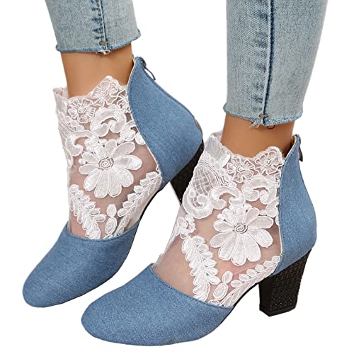 Sandalen Damen mit Absatz Weiß Sandalen Damen Spitze Pumps Schuhe Blockabsatz Stiefeletten Runder Spitze Blumenmuster Mesh Hohle Tüll Strass Sommerstiefel Reißverschluss Freizeit Atmungsaktiv Schuh von Sunnyuk