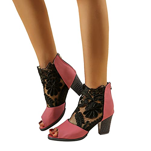 Sandalen Damen mit Absatz Weiß Sandalen Damen Spitze Pumps Schuhe Blockabsatz Stiefeletten Runder Spitze Blumenmuster Mesh Hohle Tüll Strass Sommerstiefel Reißverschluss Freizeit Atmungsaktiv Schuh von Sunnyuk