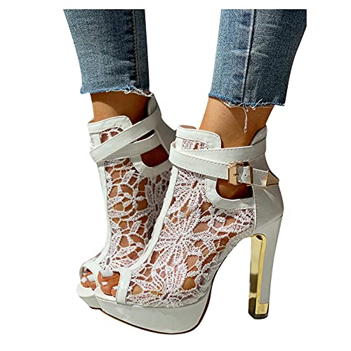 Sandalen Damen mit Absatz Weiß Sandalen Damen Spitze Pumps Schuhe Blockabsatz Stiefeletten Runder Spitze Blumenmuster Mesh Hohle Tüll Strass Sommerstiefel Reißverschluss Freizeit Atmungsaktiv Schuh von Sunnyuk