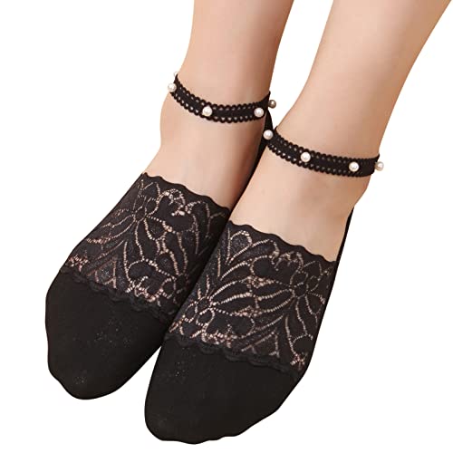 Socken Damen 39-42 Schwarz Perlen Spitze Socken, Bequeme Atmungsaktiv Unsichtbare Socken Ballerina Socken Non Slip Socken Transparent Low Socks Boot Socken Liner Socken für Loafers von Sunnyuk