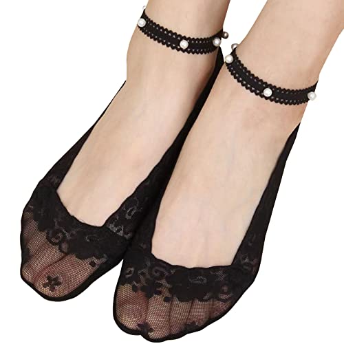 Socken Damen 39-42 Schwarz Perlen Spitze Socken, Bequeme Atmungsaktiv Unsichtbare Socken Ballerina Socken Non Slip Socken Transparent Low Socks Boot Socken Liner Socken für Loafers von Sunnyuk