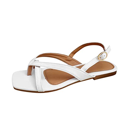 Sommer Sandalen Damen Elegant Damen Sommermode einfarbig Leder Flip Flops dünne Riemen flache Strandsandalen Damen Schuhe Keilabsatz Pumps von Sunnyuk