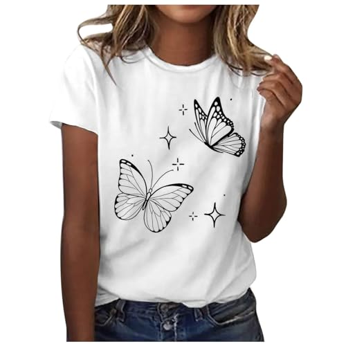 Sommer T-Shirt Damen Weiss Basic Tshirt Bedrucken Rundhalsausschnitt Weiß T Shirt Oberteile Baumwolle Casual Locker Kurzarm Bluse Tops Sportshirt Ausgefallene Tshirts von Sunnyuk