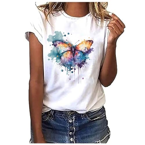 Sommer T-Shirt Damen Weiss Basic Tshirt Bedrucken Rundhalsausschnitt Weiß T Shirt Oberteile Baumwolle Casual Locker Kurzarm Bluse Tops Sportshirt Ausgefallene Tshirts von Sunnyuk