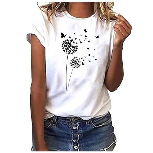 Sommer T-Shirt Damen Weiss Basic Tshirt Bedrucken Rundhalsausschnitt Weiß T Shirt Oberteile Baumwolle Casual Locker Kurzarm Bluse Tops Sportshirt Ausgefallene Tshirts von Sunnyuk