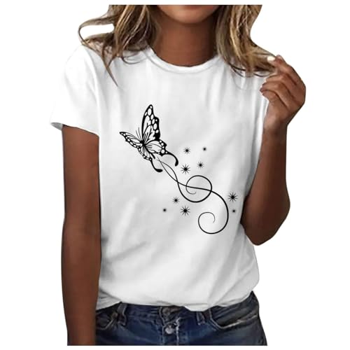 Sommer T-Shirt Damen Weiss Basic Tshirt Bedrucken Rundhalsausschnitt Weiß T Shirt Oberteile Baumwolle Casual Locker Kurzarm Bluse Tops Sportshirt Ausgefallene Tshirts von Sunnyuk