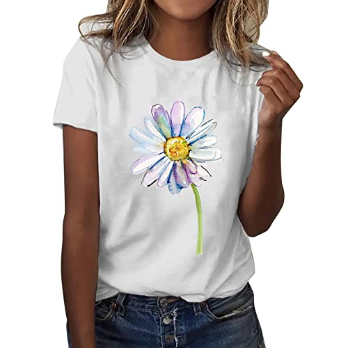 Sommer T-Shirt Damen Weiss Basic Tshirt Bedrucken Rundhalsausschnitt Weiß T Shirt Oberteile Baumwolle Casual Locker Kurzarm Bluse Tops Sportshirt Ausgefallene Tshirts von Sunnyuk