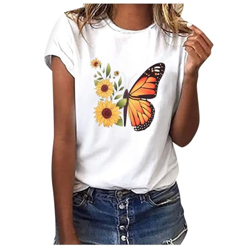 Sommer T-Shirt Damen Weiß mit Aufdruck Basic Tshirt Bedrucken Rundhals Weiss T Shirt Oberteile Baumwolle Casual Locker Kurzarm Bluse Tops Sportshirt Ausgefallene Tshirts von Sunnyuk