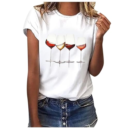 Sommer T-Shirt Damen Weiß mit Aufdruck Basic Tshirt Bedrucken Rundhals Weiss T Shirt Oberteile Baumwolle Casual Locker Kurzarm Bluse Tops Sportshirt Ausgefallene Tshirts von Sunnyuk