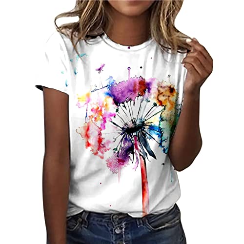Sommer T-Shirt Damen Weiß mit Aufdruck Rundhals Basic T-Shirt Bedrucken Baumwolle Weiss T Shirt Oberteile Casual Locker Kurzarm Bluse Tops Sportshirt Ausgefallene Tshirts von Sunnyuk