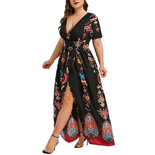 Sommerkleid Damen Lang Elegant Große Größen Kurzarm Kleid Einfarbig Blumen Gradient Maxi Kleider Abendkleid Retro Casual Oversize Freizeitkleid Asymmetrischer Swing Kleider Cocktailkleid von Sunnyuk
