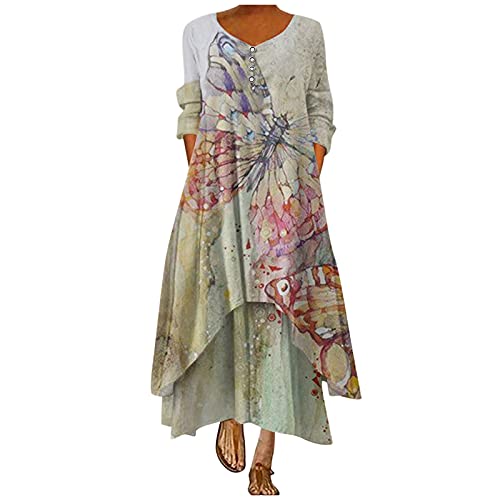 Sommerkleid Damen Leicht Baumwolle Lang Elegant Kurzarm Sommerkleider Casual V-Ausschnitt Maxikleid Loose Sommer Drucken Freizeitkleider Kleider Vintage Lässig Langes Strandkleid Blusenkleid von Sunnyuk