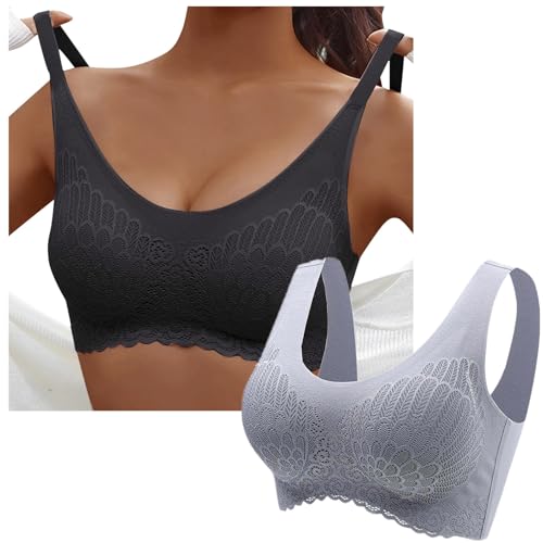 Sunnyuk 2er Pack BH Damen Ohne Bügel Push Up Seamless Komfort Sport BH Gepolstert Spitzen Bra Weich Nahtlos Stretch Bustier Mittel Halt Bügelloser Schlaf BH Klassische Top für Alltag Yoga Damen von Sunnyuk