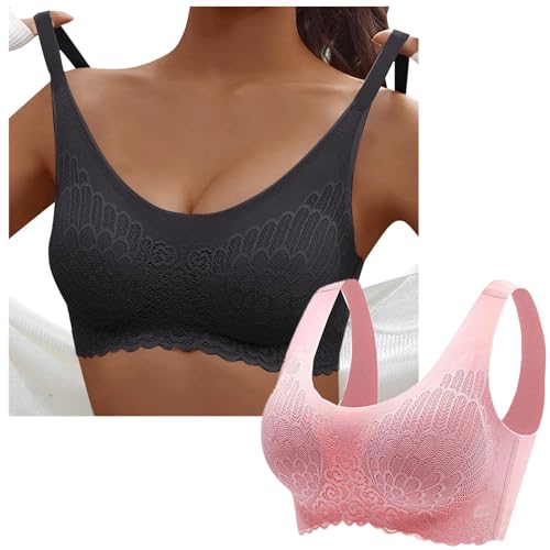 Sunnyuk 2er Pack BH Damen Ohne Bügel Push Up Seamless Komfort Sport BH Gepolstert Spitzen Bra Weich Nahtlos Stretch Bustier Mittel Halt Bügelloser Schlaf BH Klassische Top für Alltag Yoga Damen von Sunnyuk