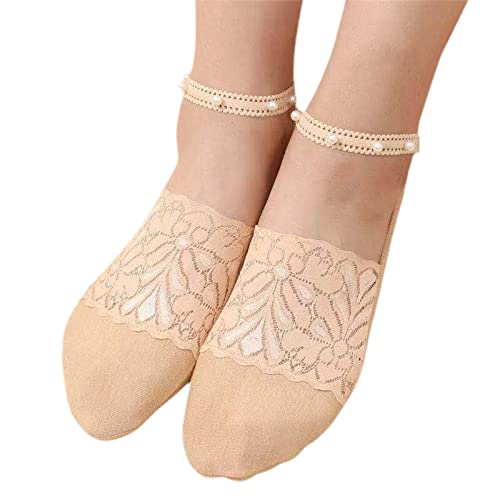 Sunnyuk 3 Paar Perlen-Spitzen-Socken Damen, No-Show-Socken für Damen, Rutschfeste Perlen-Spitzensocken, Söckchen für den Sommer, Niedliches Mesh, Transparent, Ultradünn, Durchsichtig, Lässige Socken von Sunnyuk