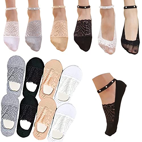 Sunnyuk 4/6 Paar Damen Pearl Lace Socks, Perlen Spitze Socken, Niedlich Mesh Transparent Ultra Dünn Lace Liner Socken, Perlen Spitzen Ballerina Söckchen, Unsichtbare Socken Durchsichtige Boot Socken von Sunnyuk