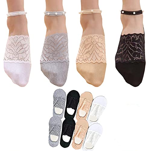 Sunnyuk 4/6 Paar Damen Perlen Spitze Socken Damensocken mit Perlenspitze, transparente Sommersocken für Damen, tief geschnittene Knöchelkettensocken mit rutschfesten Grip-Socken von Sunnyuk