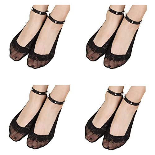 Sunnyuk 4 Paar Damen Perlen Spitze Socken, Damen-Perlen-Spitzensocken, Perlen-Fußkettchen-Spitzensocken, Mesh-Spitzen-Söckchen mit Perlen-Fußkettchen, unsichtbare Sommersocken von Sunnyuk