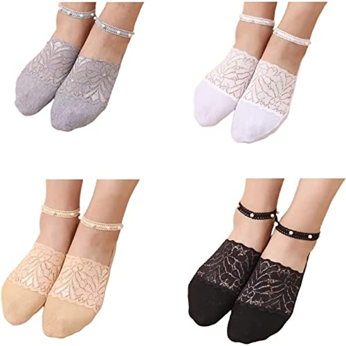 Sunnyuk 4 Paar Perlen Spitze Socken Damen, Pearl Lace Socks, Niedlich Mesh Transparent Ultra Dünn Lace Liner Socken, Rutschfeste Socken Söckchen, Unsichtbare Socken Durchsichtige Spitze Boot Socke von Sunnyuk