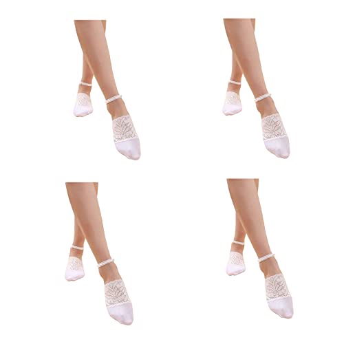 Sunnyuk 4 Paar Perlen Spitze Socken Damen, Pearl Lace Socks, Niedlich Mesh Transparent Ultra Dünn Lace Liner Socken, Rutschfeste Socken Söckchen, Unsichtbare Socken Durchsichtige Spitze Boot Socke von Sunnyuk