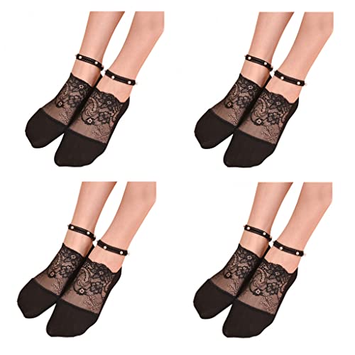 Sunnyuk 4 Paar Perlen Spitze Socken Damen, Pearl Lace Socks, Niedlich Mesh Transparent Ultra Dünn Lace Liner Socken, Rutschfeste Socken Söckchen, Unsichtbare Socken Durchsichtige Spitze Boot Socke von Sunnyuk