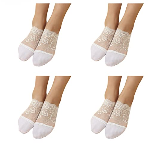 Sunnyuk 4 Paar Perlen Spitze Socken Damen, Pearl Lace Socks, Niedlich Mesh Transparent Ultra Dünn Lace Liner Socken, Rutschfeste Socken Söckchen, Unsichtbare Socken Durchsichtige Spitze Boot Socke von Sunnyuk