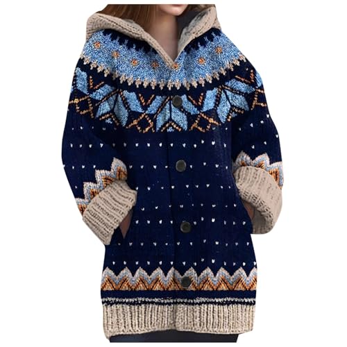 Sunnyuk Norweger Strickjacke Damen Winter Grobstrick mit Kapuze Cardigan - Alpaka Bunt Lang Strickpullover Kapuzenjacke Knöpfen Mohair Jacquard Sweatshirt Warm von Sunnyuk