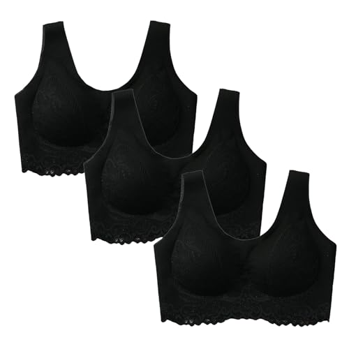 Sunnyuk BH Damen Ohne Bügel 3 Set Komfort Push Up Nahtlos Sport BH Gepolstert Spitzen Bra Weich Seamless Stretch Bustier Mittel Halt Bügelloser Schlaf BH Klassische Top für Alltag Yoga Damen von Sunnyuk