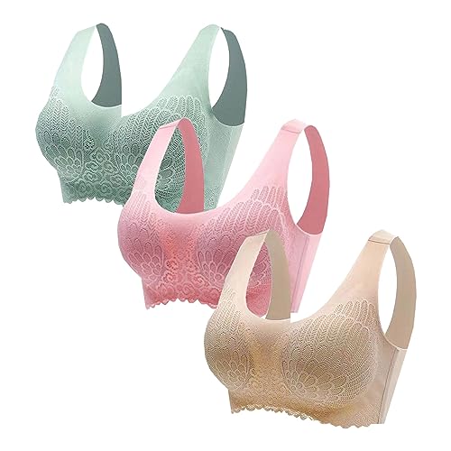 Sunnyuk BH Damen Ohne Bügel 3 Set Komfort Push Up Nahtlos Sport BH Gepolstert Spitzen Bra Weich Seamless Stretch Bustier Mittel Halt Bügelloser Schlaf BH Klassische Top für Alltag Yoga Damen von Sunnyuk