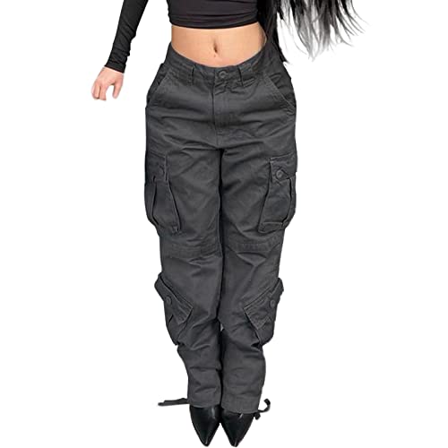 Sunnyuk Cargohose Damen High Waist Jeans Weites Bein Freizeithose Damen Lang Große Größen Aesthetic Vintage Streetwear Cargo Pants Teenager Mädchen Frauen Sporthose Lang Locker von Sunnyuk