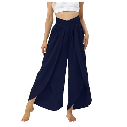 Sunnyuk Damen Hosenrock Hosen mit Schlitz Elegant Wickelhose Hohe Taille Leichte Sommerhose Elastischer Bund Palazzo Hose Sommer Baggy Yogahose Tanzhose Weites Bein Rüschen Schlaghose Haremshosen von Sunnyuk