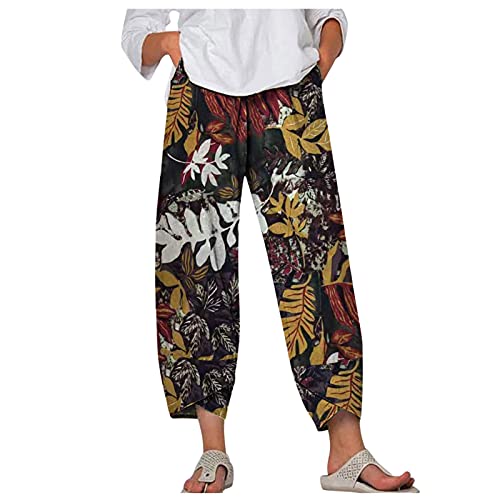 Sunnyuk Damen Leinenhose Sommer 7/8 Lang Retro Sommerhose Elegant Freizeithose Sommer Baggy Vintage Haremshosen High Waist Blumenmuster Hose Lose Bequem Stoffhose Strandhose mit Taschen von Sunnyuk