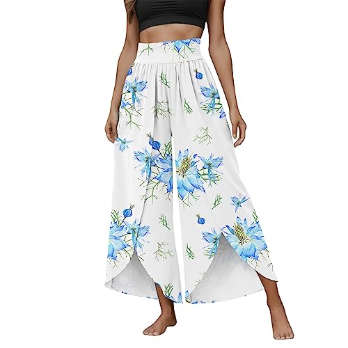 Sunnyuk Damenhosen 7/8 Länge Culottes Hosen Hosenrock Damen Lang Palazzo Hose Sommer Tanzhose Bequeme Yogahose Weites Bein Rüschen Wickelhose hohe Taille Hippie Hose Strand Schlaghose von Sunnyuk