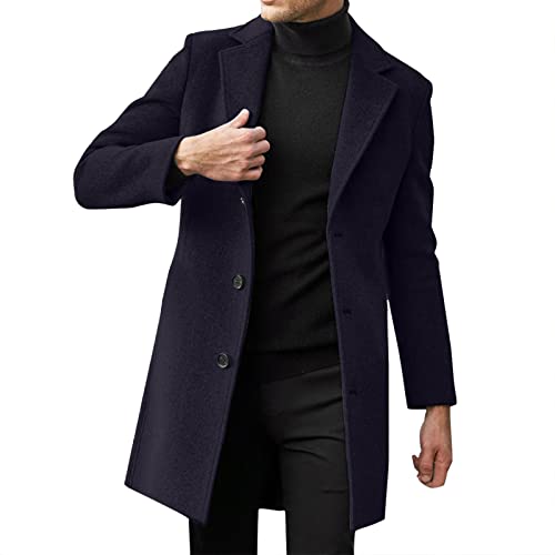 Sunnyuk Mantel Herren Lange Jacke Slim Fit Casual Wollmantel Wintermantel Kerbkragen mit Knopfleiste Trenchcoat Herrenmantel Winter Warme Oberbekleidung Schwarz Einreiher von Sunnyuk