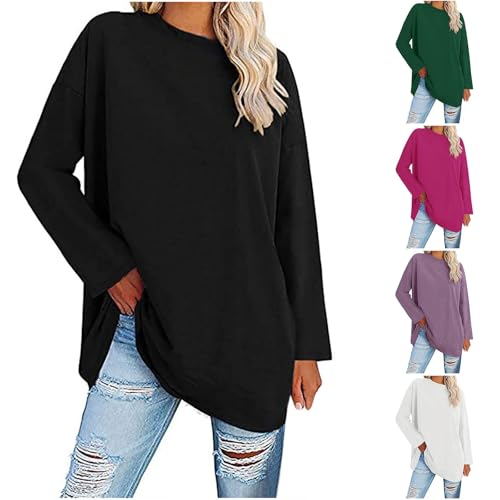 Oversize Longshirt Damen Langarm Rundhals Langarmshirt Shirt Einfarbig Baumwolle Tshirt Oberteil Basic Longsleeve Pullover Lang Casual Tops Tunika Lose T Shirts von Sunnyuk