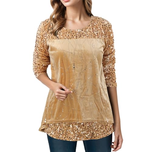 Festliche Oberteile Damen Glitzer - Blusen Oberteil Langarm Glitzer Top Pullover Große Größen Zur Hochzeit Silvester Tunika Oberteile Party Rundhals Langarmshirt Shirt Bluse von Sunnyuk