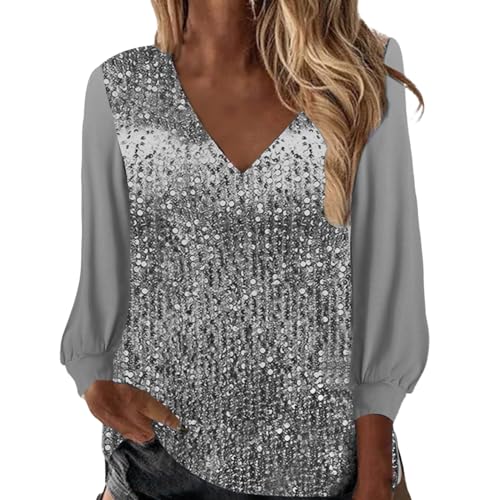 Sunnyuk Glitzer Oberteile Damen Silber - Oberteil Tunika Modern Glitzer Langarmshirt Shirt V Ausschnitt Festliche Party Pullover Blusen Zur Hochzeit Vintage Oberteile Top Bluse von Sunnyuk