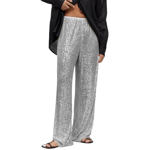 Sunnyuk Goldene Pailletten Hose Damen, Glänzende Streetwear Leggings Party Silber Glitzerhose Glitzer Hose Weites Bein Große Größen Freizeithose Festliche Hosen Gold Bequem Arbeitslatzhose von Sunnyuk