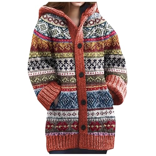 Sunnyuk Grobstrickjacke Damen Lang, Norweger Strickjacke Damen Winter Grobstrick mit Kapuze Cardigan - Alpaka Bunt Lang Strickpullover Kapuzenjacke Knöpfen Mohair Jacquard Sweatshirt Warm von Sunnyuk