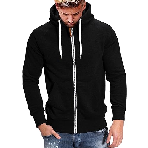 Sunnyuk Hoodie Herren Reißverschluss Schwarz Kapuzenpullover Oversize Sweatjacke Zip up Langarm Kapuzenjacke mit Kapuze Kordelzug Casual Sport Herbst Winter Pullover Sweatshirt Kapuzenpulli Jacke von Sunnyuk