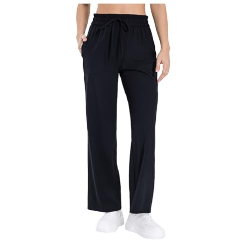 Sunnyuk Jogginghose Damen Lang Baggy Palazzo Hose Leicht High Waist Relaxhose mit Gummizug Einfarbig Mode Sporthose Freizeithose Damen Summer Pants Geradem Bein Lockere Traininghose (B01-Black, S) von Sunnyuk