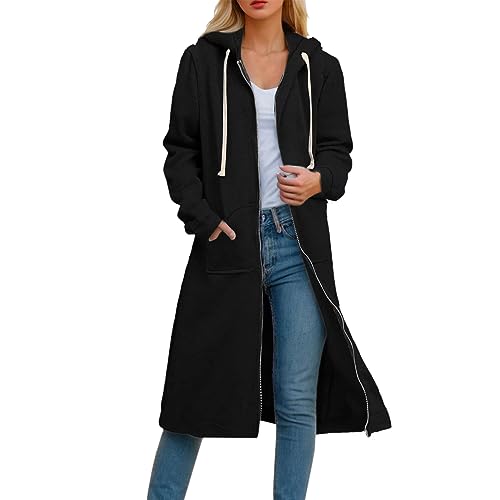 Sunnyuk Kapuzenjacke Damen Lang Winter Hoodie Zip Kapuzenmantel Oversize Casual ReißVerschluss Sweatshirt Lange Mantel Jacke mit Kapuze Tasche Mode Sweatjacke Elegante Kapuzenpullover Herbst Winter von Sunnyuk