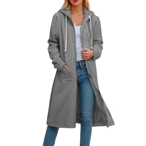 Sunnyuk Kapuzenjacke Damen Lang Winter Hoodie Zip Kapuzenmantel Oversize Casual ReißVerschluss Sweatshirt Lange Mantel Jacke mit Kapuze Tasche Mode Sweatjacke Elegante Kapuzenpullover Herbst Winter von Sunnyuk
