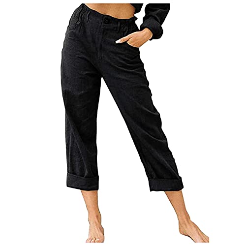 Sunnyuk Leinenhose Damen Sommer 7/8 Lang Leinenhose Damen Sommer Große Größen Freizeithose 7/8 Länge Haremshosen Knopfleiste Leinen Hose mit Taschen Elegant Bequem Sommerhose Jogginghose von Sunnyuk