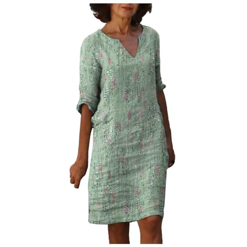 Sunnyuk Leinenkleid Damen Sommer Lang Musselin Leichte Strandkleid Sommerkleid Halbarm Leinen Leinen Kleid V-Ausschnitt Einfarbig Freizeitkleid Knielang Elegant Tunika Linen Dress Midi Sommer von Sunnyuk